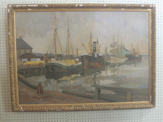 Ayr Brandgourda, oil on canvas, Continental School "Dock Scene with Moored Boats" 24" x 34"