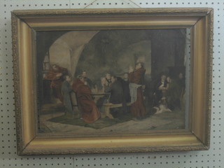 18th/19th Century oil on canvas "Interior Tavern Scene with Monks Praying" 12" x 17"