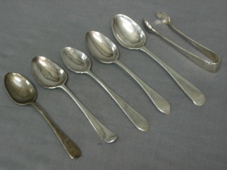 An antique silver bottom marked teaspoon, a Victorian Scots silver teaspoon, 3 other teaspoons and a pair of tongs, 2 ozs