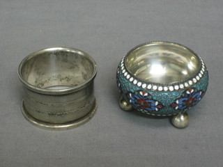 A Russian silver and champe leve circular enamelled salt, base marked AC 189384
