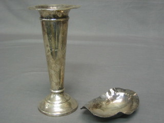 A silver specimen vase with wavy border 8" and a scallop shaped "silver" dish 5"