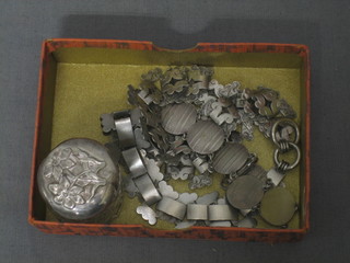 A "silver" linked necklet, a silver bracelet and a circular cut glass dressing table jar with silver lid