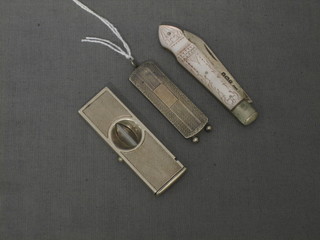 A silver cigar cutter, 1 other and a silver bladed fruit knife with mother of pearl grip