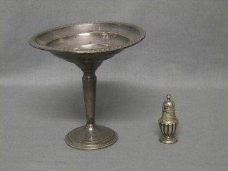 A miniature silver pepperette 2 1/2" together with a Continental silver pedestal dish