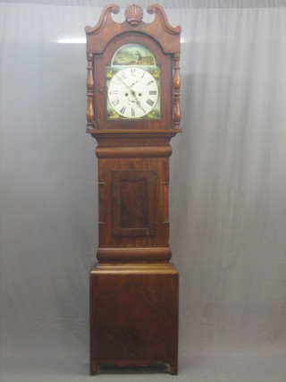 An 18th Century 8 day striking longcase clock with 13" arch shaped dial with painted scene, having a subsidiary second hand and calendar hand by G E Steel of Chesterle Street, striking on a bell contained in a mahogany case 91"