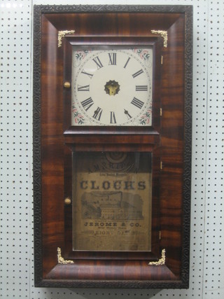 A 19th Century American wall clock with 8 1/2" square painted dial Jerome & Co contained in a mahogany case (hands f)