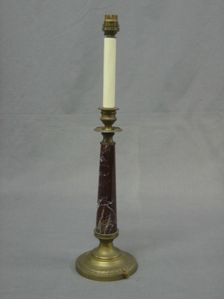 A circular pink veined marble and gilt metal table lamp 19"