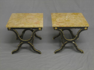 A pair of 19th Century  mahogany black and gilt painted X framed tables with pink veined marble tops 18"