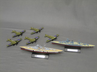 2 metal models of The Hood and The Bismarck together with 5 Tonka model aircraft