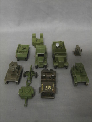 A Dinky model Army Lorry, do. Staff Car 157B, anti aircraft gun, 25lbs gun and Limber Search Light and 5 other vehicles