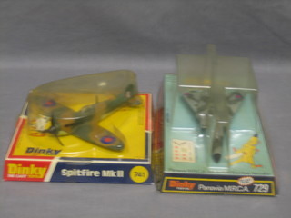 A Dinky model of a Spitfire Mk II no. 741 together with a Dinky Triple Rail Combat Aircraft no. 729