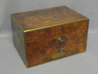 A handsome Victorian figured walnut and brass banded vanity box with hinged lid by Jenner & Knewstub 14"