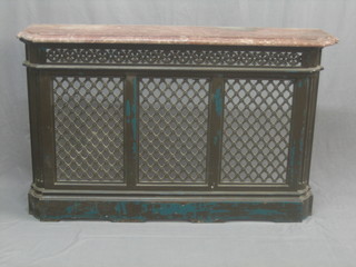 A handsome 19th Century pierced cast iron radiator grill with pink veined marble top 54"