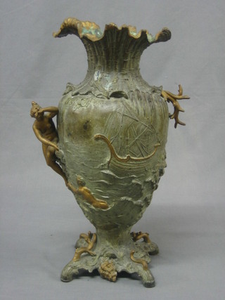 A 19th Century Art Nouveau spelter twin handled vase decorated a galleon 17"