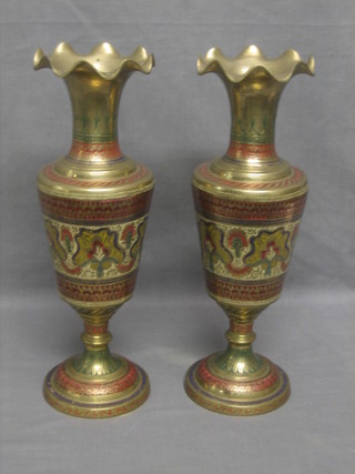 A pair of Benares brass club shaped vases 30"