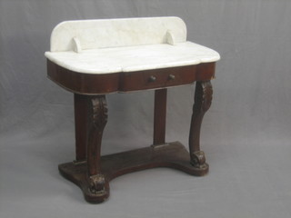 A mahogany Duchess stand with white veined tiled top and back 35"