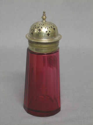 A Victorian faceted cranberry glass sugar sifter with silver plated mount 6"
