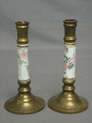 A pair of 19th/20th Century Continental brass and porcelain candlesticks with floral decoration 7 1/2"