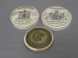 A circular Victorian monochrome pot lid for Cherry Toothpaste 3" together with 2 others for Burgess's Anchovie Paste 3 1/2"
