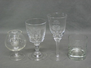 3 wine glass to commemorate the 800th Anniversary of the Mayoralty of the City of London, do. paperweight, tumbler, 2 wine glasses etched the Arms of the Stock Exchange, 2 brandy balloons