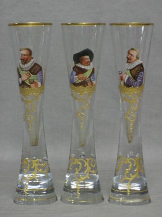 3 19th Century Continental waisted glass vases with enamelled decoration depicting seated gentleman 8 1/2"