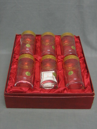 A set of 6 Italian Crystal etched glass tumblers with gilt banding, boxed and complete with price list