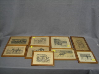 8 various etchings and a coloured print 6" x 8" contained in a cardboard box
