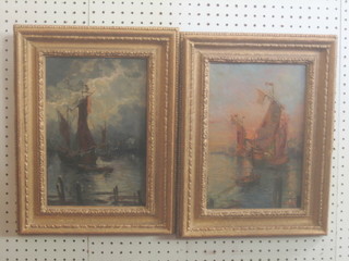 Walter Knettel? Oil paintings on board, a pair, "Sailing Ships at Sunset and in Moonlight" 11" x 8" inscribed to the reverse Walter Knettel Dusseldorf 1947 