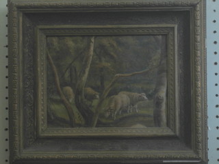 19th Century oil painting on board "Sheep in a Wooded Area" 6 1/2" x 8 1/2"