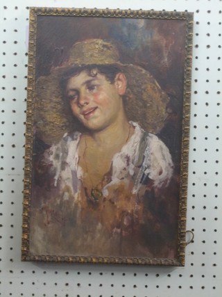 Gierbiley, oil on canvas "Head and Shoulders Portrait Boy with a Straw Hat" 15" x 9"