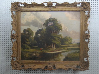 Alex Lefort, oil painting on canvas "Country Scene with Lady Standing by a Wooded Stream" 17" x 21"