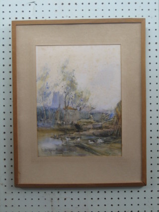 Richardson, impressionist watercolour drawing "Fishing Boat with Figure and Church in Distance" 12" x 9 1/2"