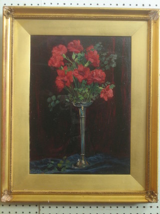 Oil on board, still life study "Vase of Carnations" 15" x 11" indistinctly signed