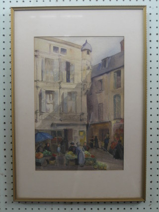 Watercolour drawing "Street Market Scene with Figures" 15" x  10", the reverse labelled Ann Matthews Boyd