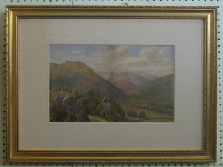 19th Century watercolour drawing "Highland Landscape with Buildings" indistinctly signed to bottom left hand corner 9" x 14"