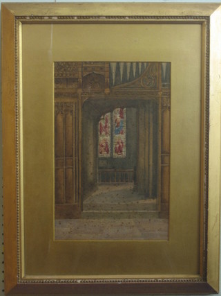 A 19th Century watercolour drawing "Interior Church Scene with Organ and Stained Glass Window" 14" x 9" (some foxing)