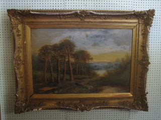 F W Leader, Victorian oil on canvas "Wooded Scene with Track" 19" x 28"