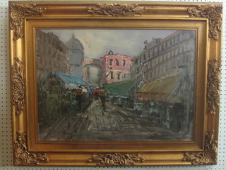 E Vanni, oil on canvas, impressionist "Continental Street Scene with Figures Walking" 18 1/2" x 26"