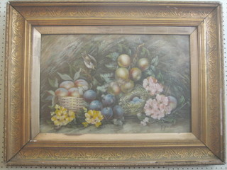 19th Century watercolour drawing, still life study "Birds Nest and Fruit" indistinctly signed 15" x 23"