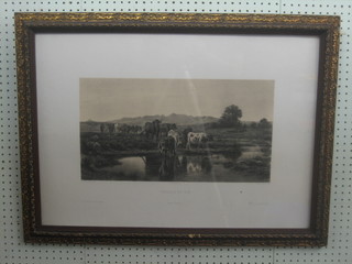 After Auguste Boniieur Pinx a 19th Century French Jules Lauren lithograph "Watering Cattle - Passage Due Cue" " 10" x 19"