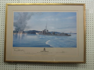 After Mark Myers, a coloured print "HMS Kelly Approaching Namsos Norway" signed by the artist and Lord Louis Mountbatten 12" x 21"