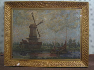 A 19th Century impressionist oil painting on canvas "Canal Scene with Windmill" the reverse painted a portrait of a lady 28" x 39"