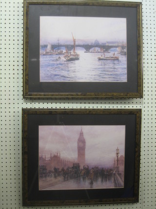 A pair of coloured prints "Westminster Bridge and The Thames" 11" x 15"