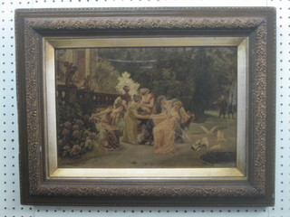 19th Century print on glass "Seated Ladies in a Garden" 10" x 15"