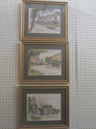 John Debon? a set of 3 coloured prints "The Parade Claygate, The Hare & Hounds Claygate and The High Street Claygate" 7" x 9"