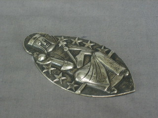An oval embossed silver Icon of the seated Christ London 1967 together with a silver napkin ring 2 ozs