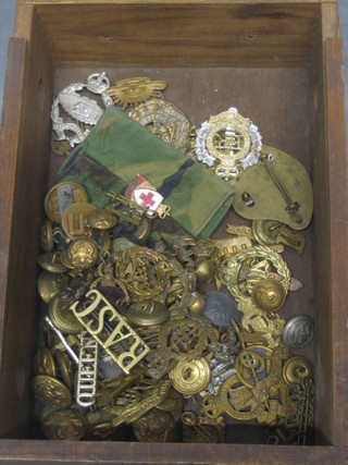 A collection of various shoulder titles, buttons, cap badges