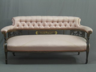 A Victorian 3 piece inlaid rosewood tub back salon suite comprising 2 seat settee and 2 tub back armchairs upholstered in pink buttoned material