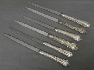 6 various paper knives with silver plated handles
