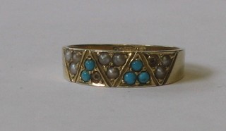 A Victorian 15ct gold dress ring set demi-pearls and turquoise